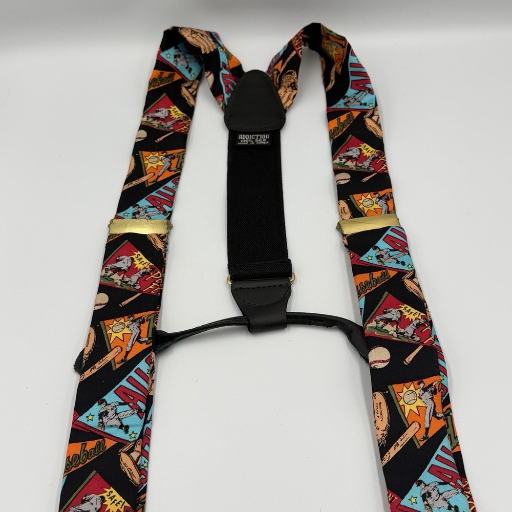 Vintage Addiction Suspenders Baseball Theme 100% Silk Made In Korea - Picture 2 of 6